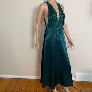 VINTAGE Emerald Green Satin VICTORIA'S SECRET Lace SEQUIN MAXI Slip DRESS Gown M